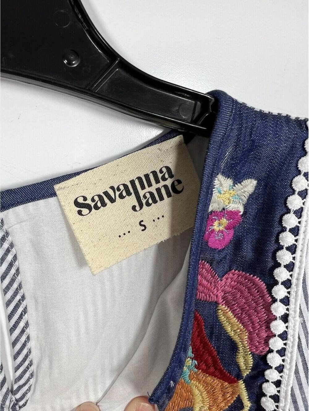 Savanna Jane Vibrant Embroidered Blue Striped Dress Size Small Boho Cowgirl - Picture 4 of 9